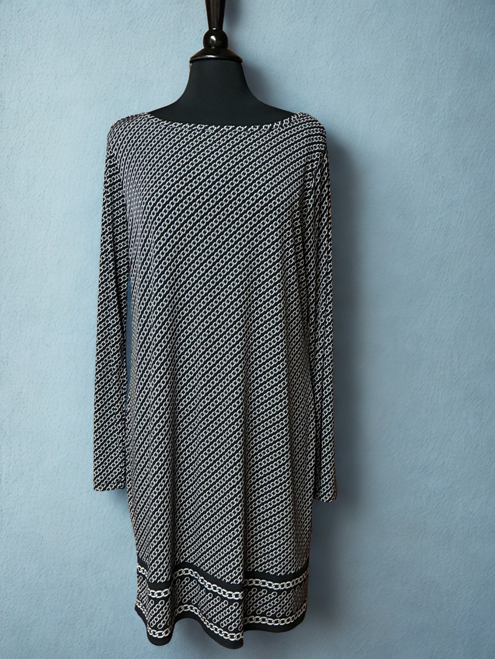 Michael Kors Black and White Chain-Print Long Sleeve Dress size XL